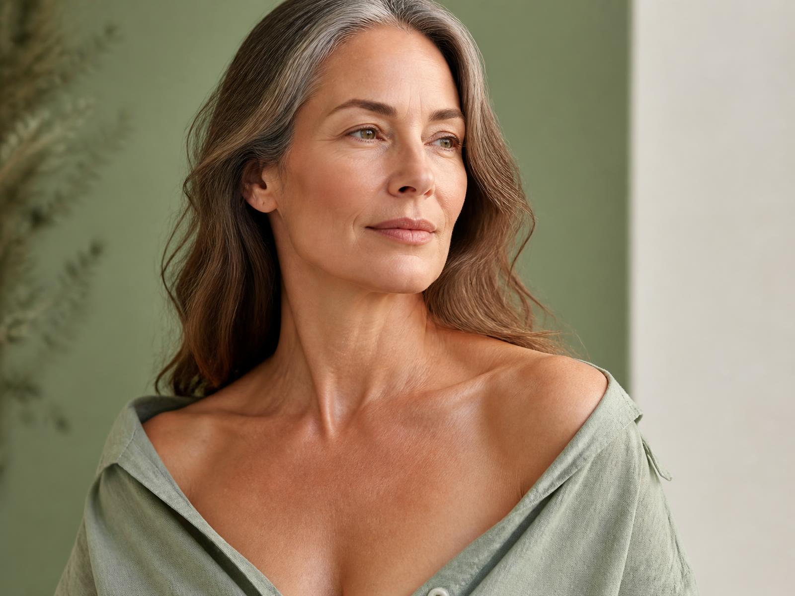 A woman in her fifties in an open-neck top, shown from the shoulders up with her décolleté visible